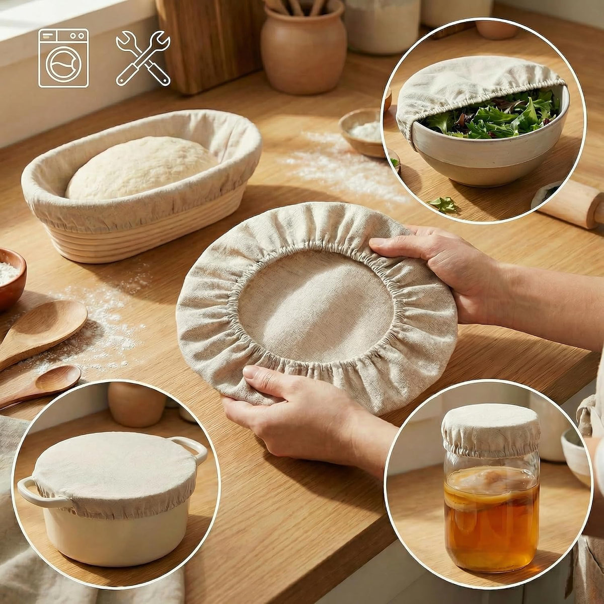 8 PCS Bread Proofing Basket Cloth Liner (6 Round) & 2 Sourdough Starter Jar Covers, 10 Inch Reusable Banneton Basket Cover for Sourdough Baking, Reusable Dough Bowl Liner (Round)
