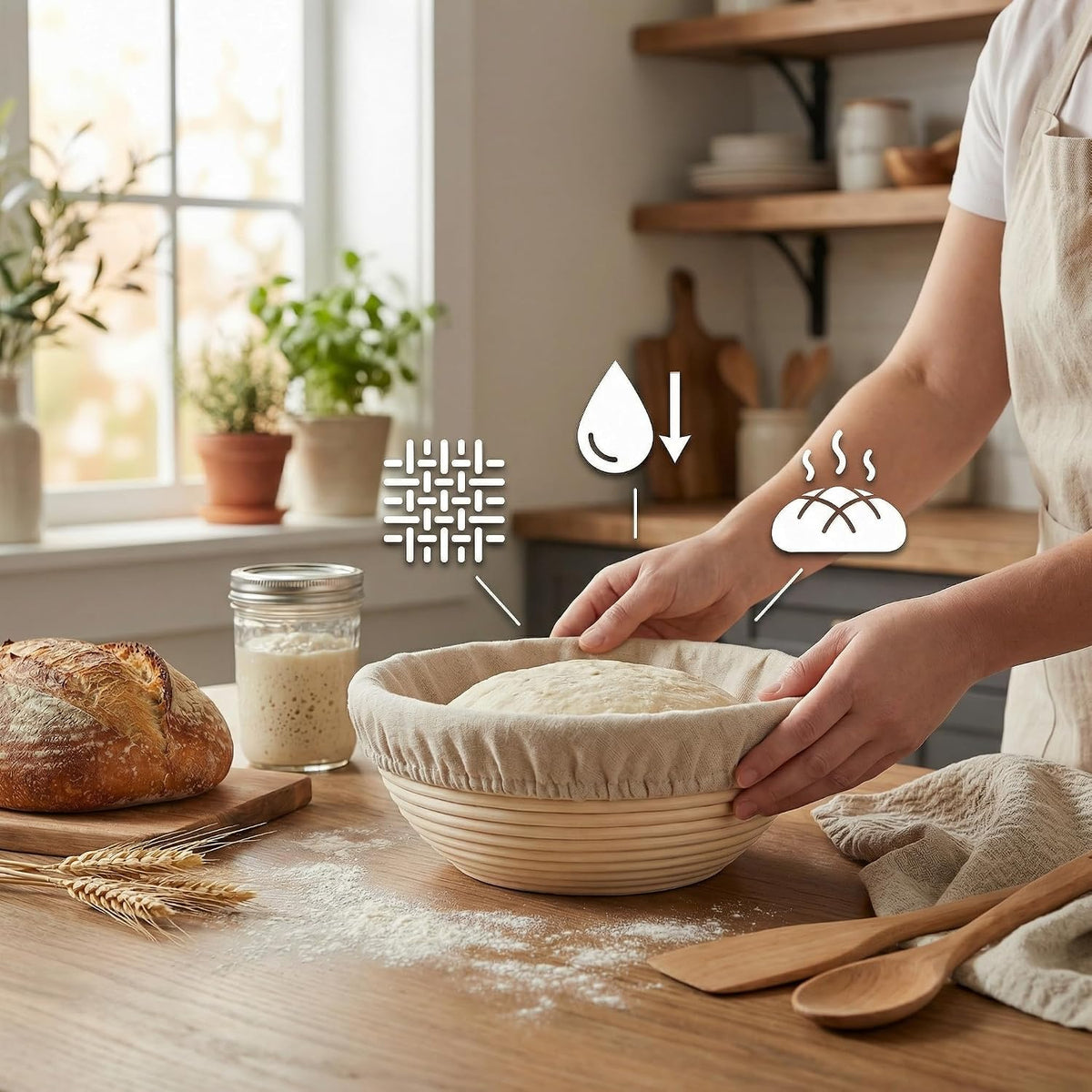 8 PCS Bread Proofing Basket Cloth Liner (6 Round) & 2 Sourdough Starter Jar Covers, 10 Inch Reusable Banneton Basket Cover for Sourdough Baking, Reusable Dough Bowl Liner (Round)